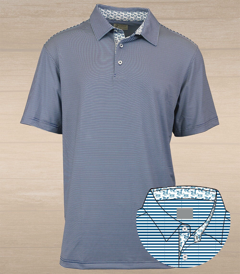 Andy Stripe Performance Polo with Dogs – Classic Blue & White