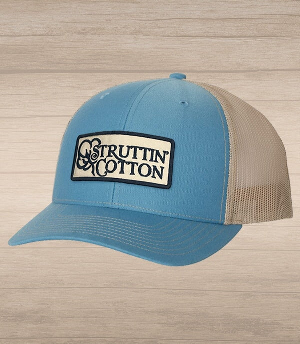 Cotton Boll Patch Snap Back Trucker - Columbia Blue/Khaki-Struttin Cotton