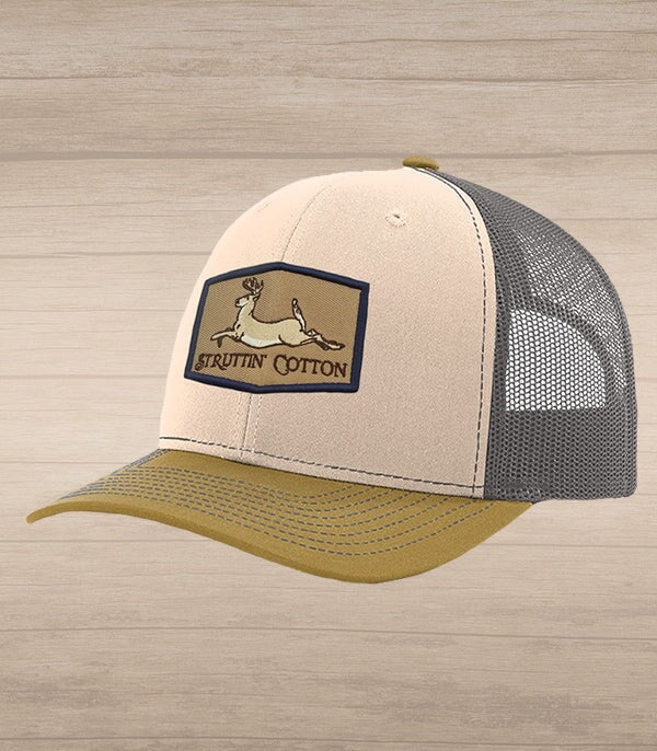 Running Buck Patch Snap Back Trucker Hat - Mink Beige/Charcoal/Amber-Struttin Cotton