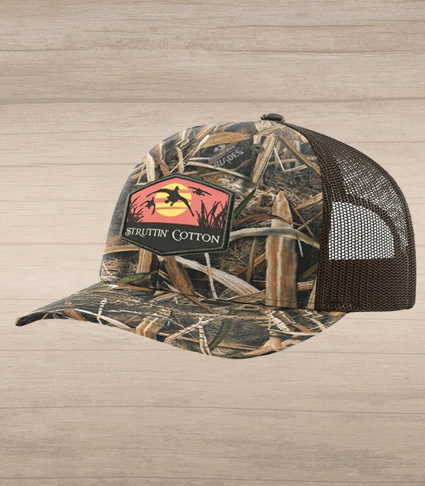 Evening Airshow Patch Snap Back Trucker Hat - Mossy Oak Blades/Brown-Struttin Cotton