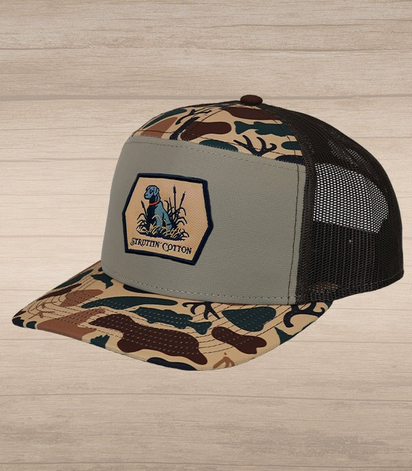 Lab Patch Snap Back Trucker - 7 Panel Standout Camo-Struttin Cotton