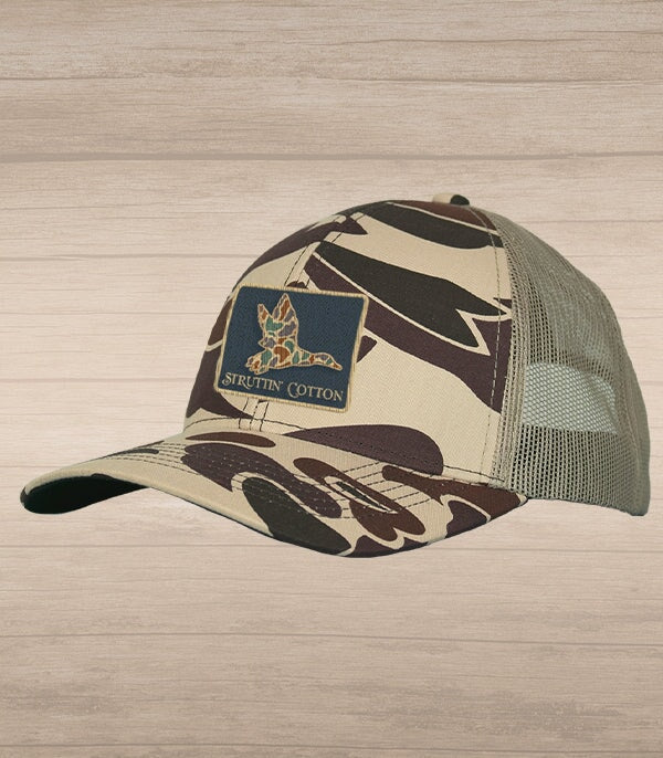 Old School Mallard Patch Snap Back Trucker Hat - New School Camo-Struttin Cotton