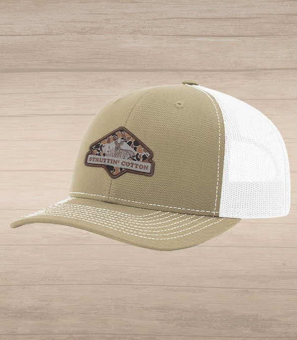 Diamond Buck Patch Snap Back Trucker - Khaki/White-Struttin Cotton