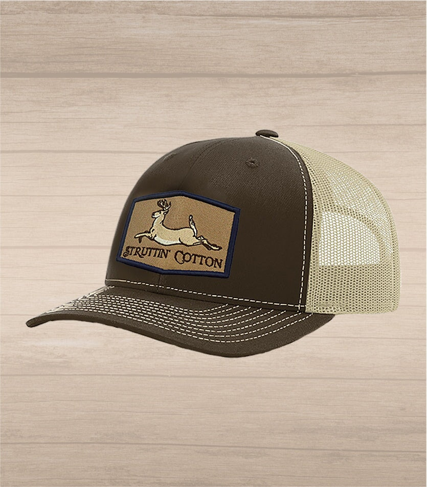 Running Buck Patch Snap Back Trucker - Brown/Khaki-Struttin Cotton