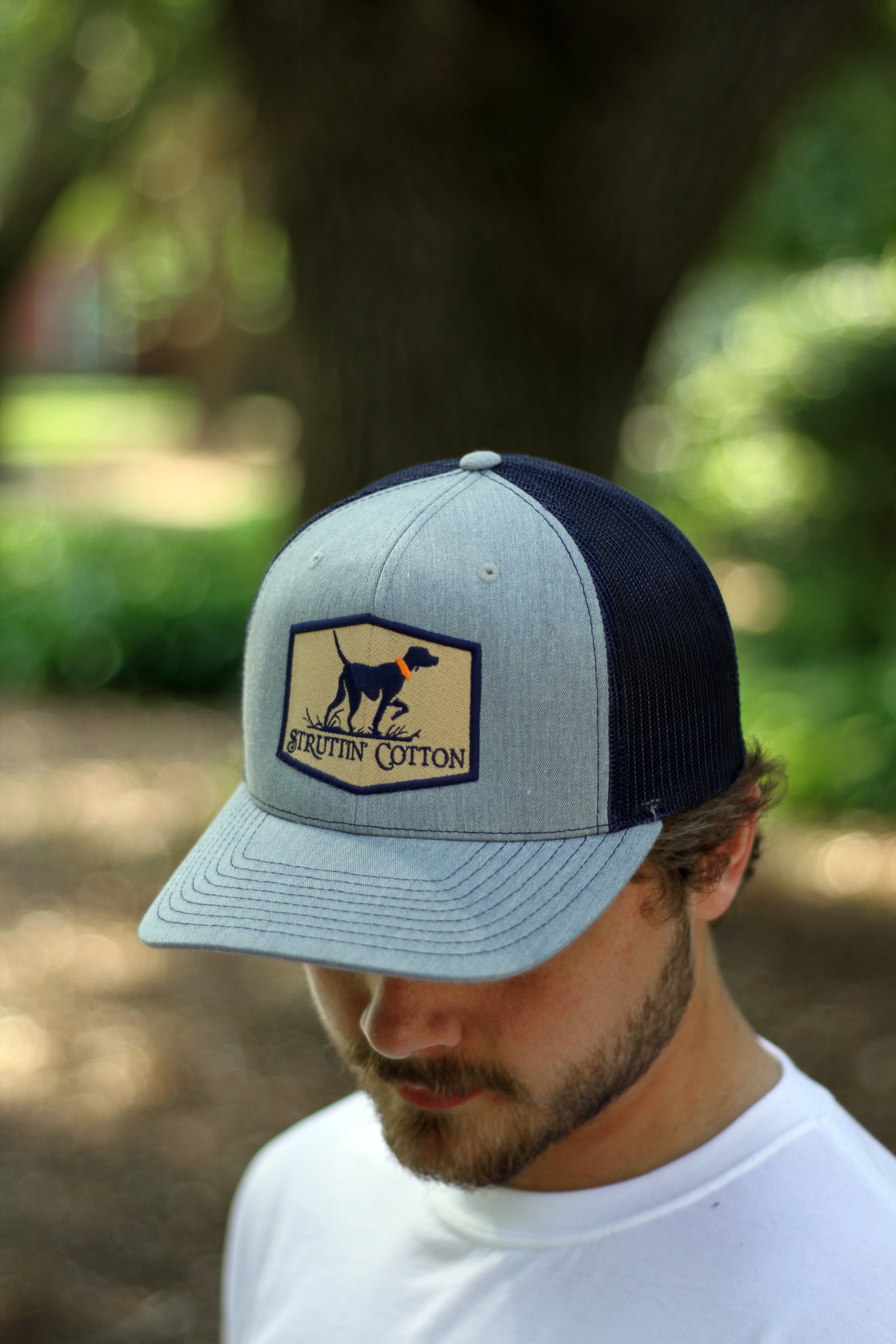 Pointer Patch Snap Back Trucker - Heather Grey/Navy-Struttin Cotton