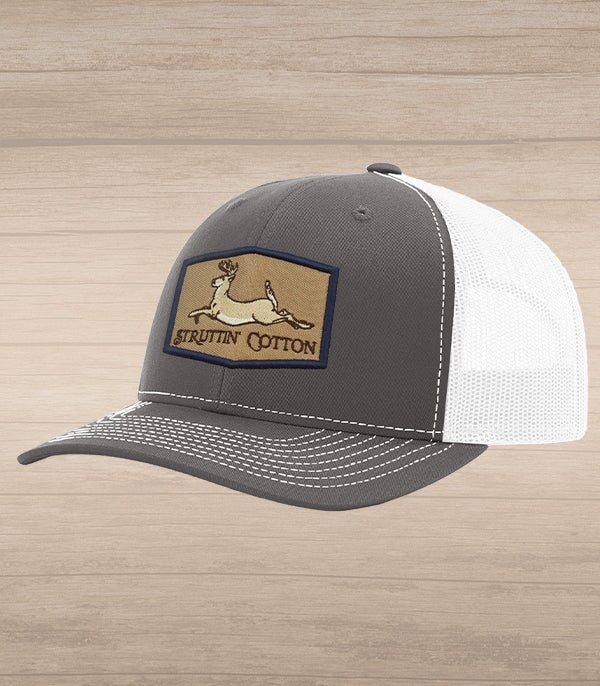 Running Buck Patch Snap Back Trucker - Charcoal/White-Struttin Cotton