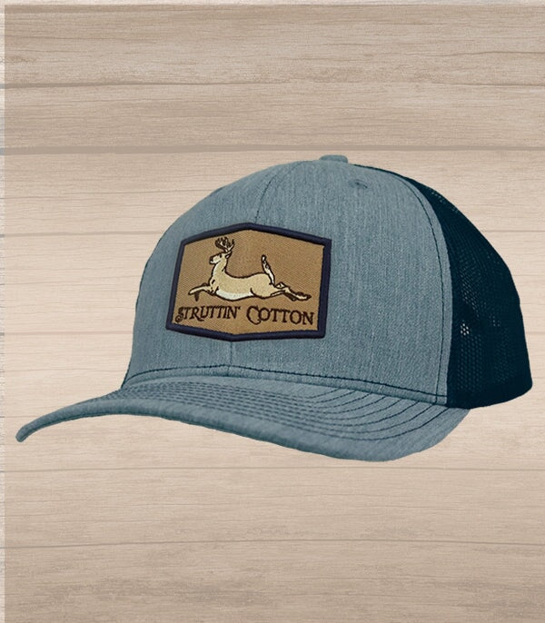 Running Buck Patch Snap Back Trucker - Heather Grey/Navy-Struttin Cotton