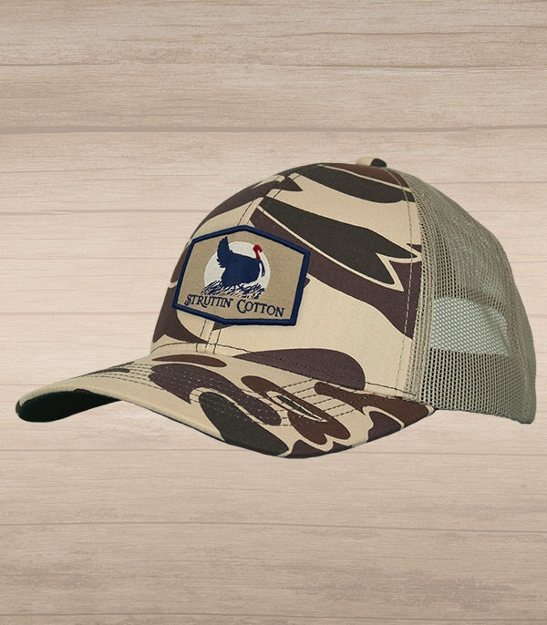 camo trucker hat with turkey patch