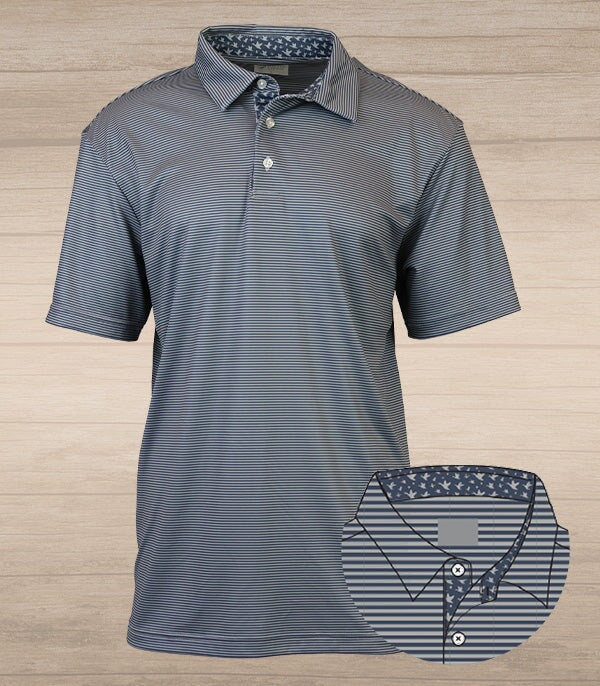 Andy Stripe Performance Polo with Ducks – Navy &amp; Grey