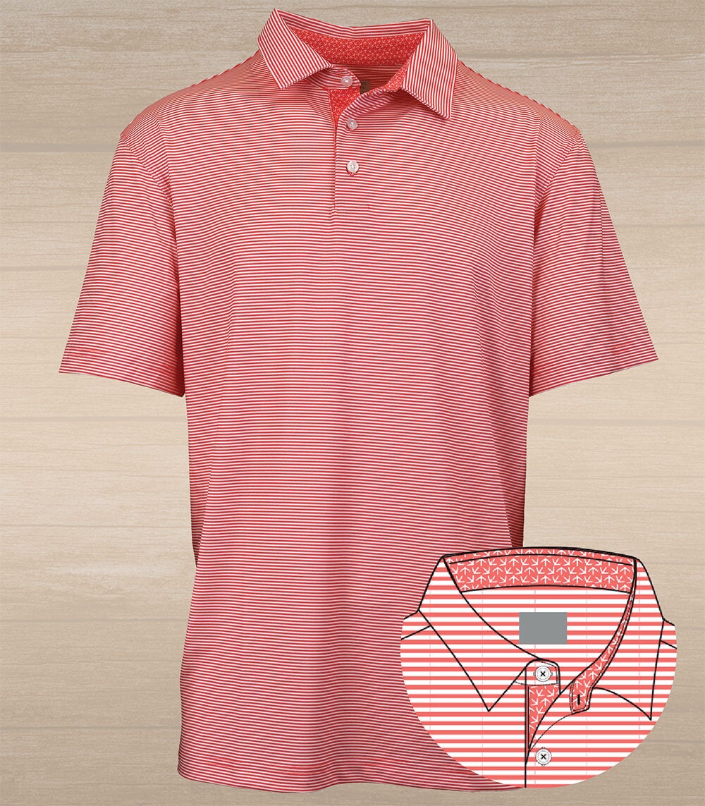 Andy Stripe Performance Polo with Tracks – Coral &amp; White