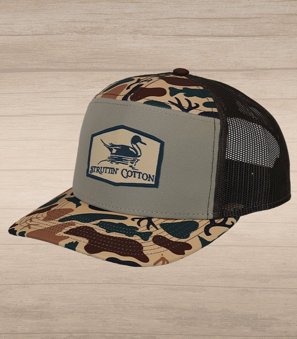 Pintail Patch Snap Back Trucker Hat - 7 Panel Standout Camo-Struttin Cotton