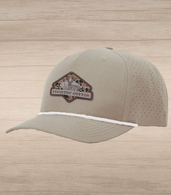 Diamond Buck Camo Patch Snap Back Rope Performance Hat - Grey with White Rope Hat