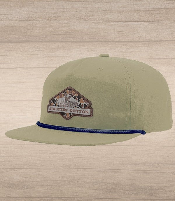 Diamond Buck Camo Patch Snap Back Rope Hat - Khaki with Navy Rope