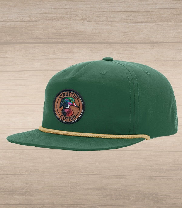 Wood Duck Cherish Patch Snap Back Hat – Mallard Green with Tan Rope