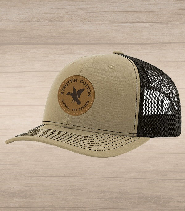 Leather Woodie Circle Patch Snap Back Trucker Hat - Khaki/Coffee