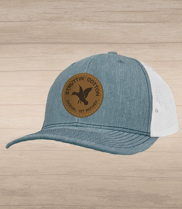 Leather Woodie Circle Patch Snap Back Trucker Hat - Heather Grey/White