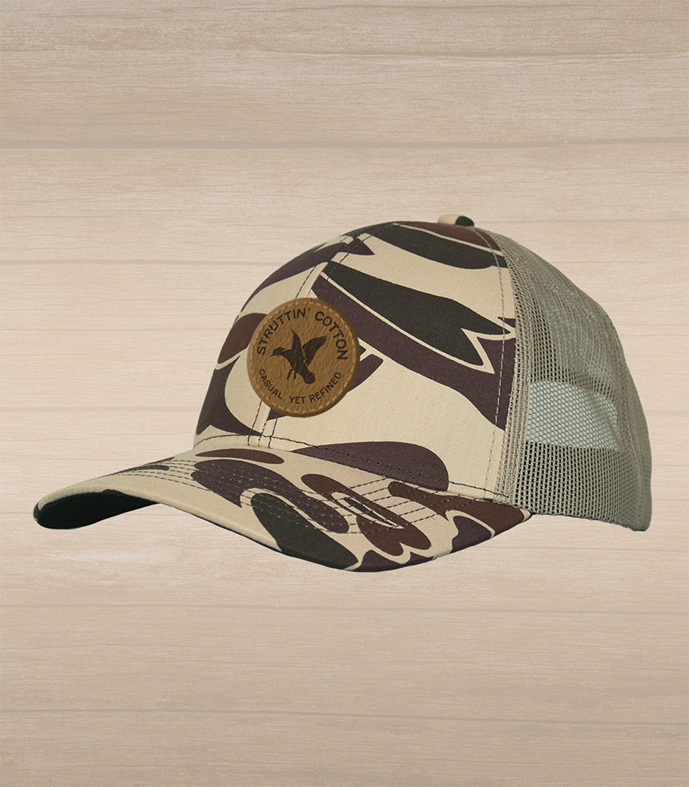Leather Woodie Circle Patch Snap Back Trucker Hat - New School Camo