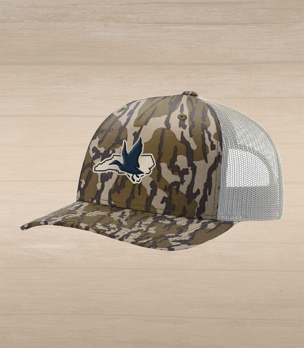 North Carolina Flying Duck Silicone Patch Snap Back Trucker – Bottomlands/Khaki