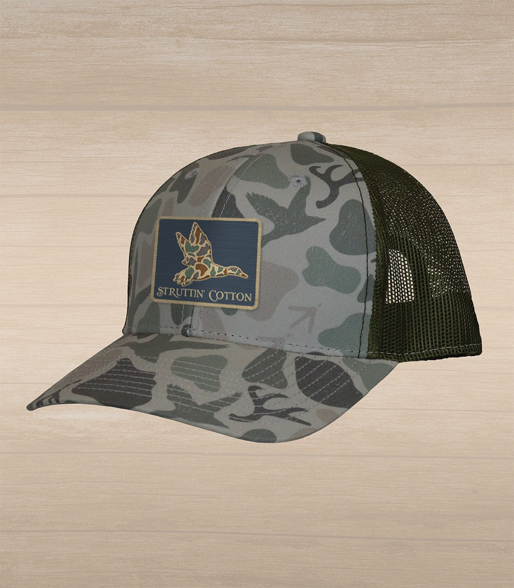 Old School Mallard Patch Snap Back Trucker Hat - Washed Standout Camo