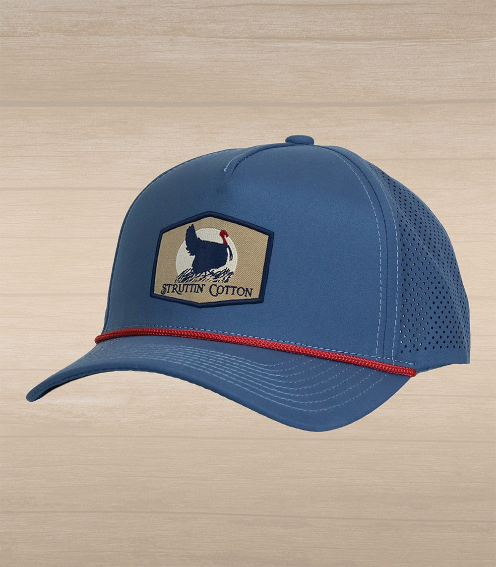 Turkey Sunrise Patch Snap Back Rope Performance Hat - Blue with Red Rope Hat
