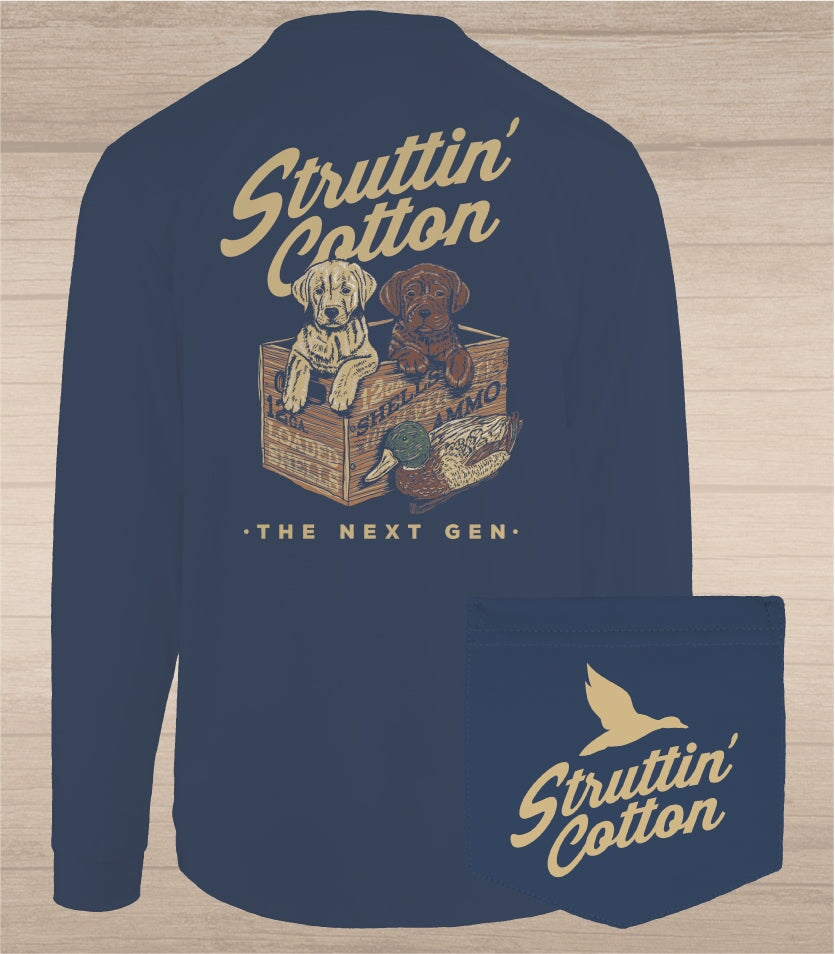 graphic tee with lab puppies in a box 
