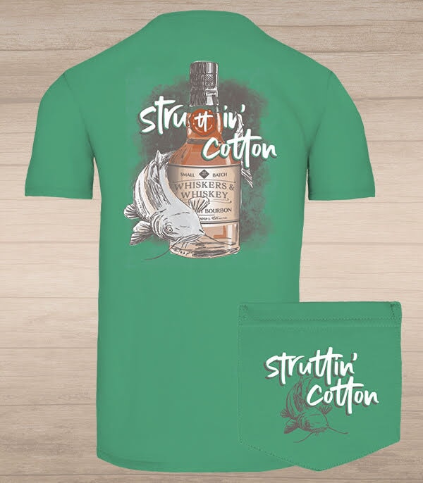 mens graphic tee with a fish and whiskey bottle
